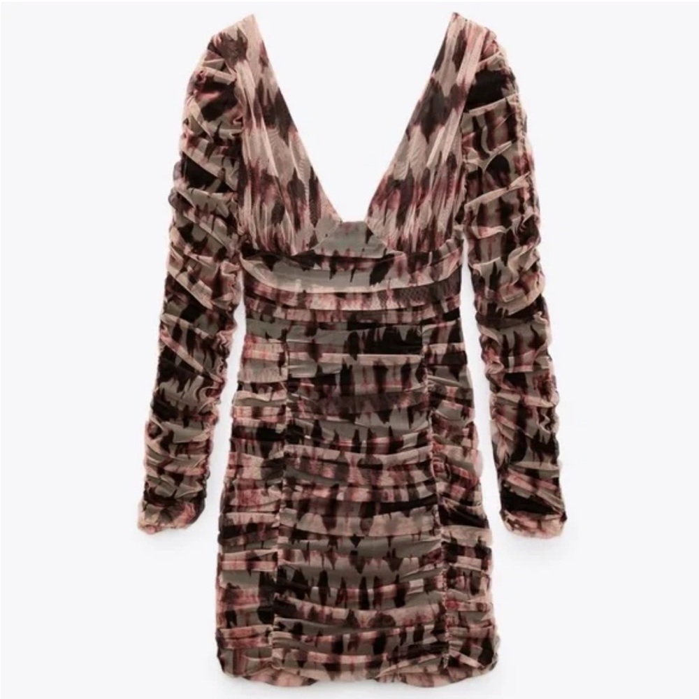 Zara Long Sleeve Draped Tulle Mesh Dress